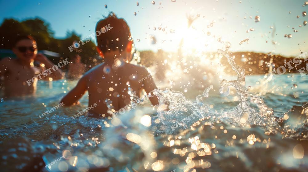 На фотографии изображены дети, играющие в воде на фоне яркого солнца. В кадре запечатлены брызги воды и теплое освещение, создающее атмосферу беззаботности и веселья. Снимок передает дух летнего отдыха и радости от взаимодействия с природой.